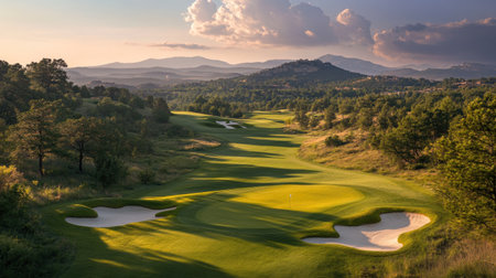 Mountain golf course shot from high elevation showing dramatic terrain and hole layoutの素材