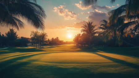 Palm-lined fairway drenched in warm tones as the sun sets behindの素材