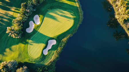 Minimalist aerial of course showing greens, fairways, and water hazardsの素材