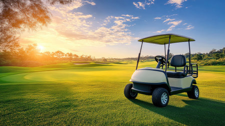Modern electric golf cart parked beside tee with course stretching into the horizonの素材