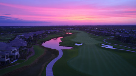 Overhead drone shot showing twilight gradient over an expansive golf layoutの素材
