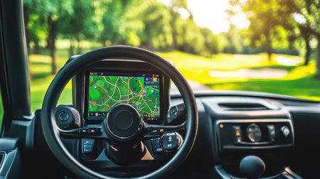 Modern golf cart dashboard showing GPS screen and course layout in bright daylightの素材