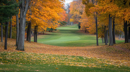 Scenic autumn golf course with leaves scattered across the fairway and golden foliageの素材