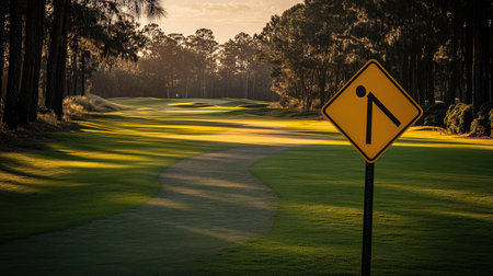 Signage showing next tee direction beside a finished hole on the course pathの素材