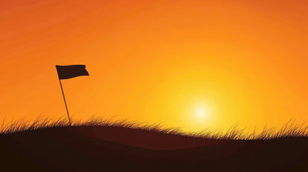 Sunset view of a golf hole, flag silhouetted against golden sky and orange-lit grassの素材