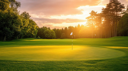 Sunset illuminating a golf course, casting golden light across the flagstick and greenの素材