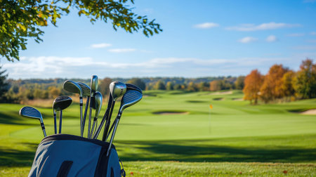 Set of golf clubs resting in a bag beside the green with scenic course behindの素材