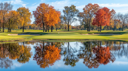 Reflective pond on a golf course with trees and greens mirrored in still waterの素材
