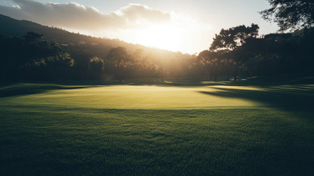 Sunset view over a peaceful golf course with shadows falling across the fairwayの素材