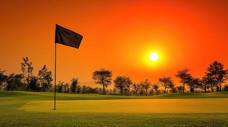 Sunset view of a golf hole, flag silhouetted against golden sky and orange-lit grassの素材