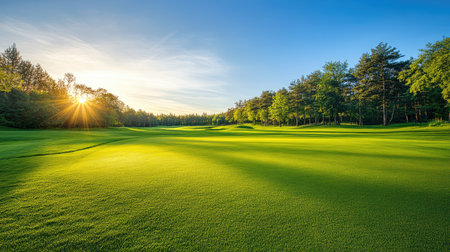 Sunset scene at tee-off area with long shadows and warm tones illuminating grassの素材