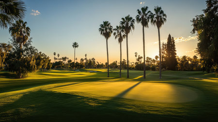 Tall palm trees casting shadows across a championship golf course at twilightの素材