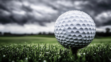 Wet tee box with dew-covered ball on tee under cloudy morning sky, moody tonesの素材