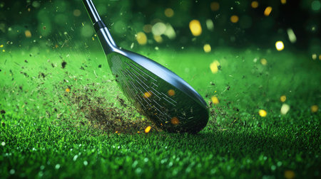 Ultra-close view of club face brushing past grass with impact sparks and dirt fragmentsの素材