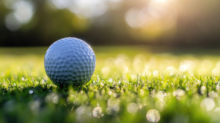Wet grass reflecting sunlight around golf tee setup after a light morning rainの素材