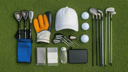 Top view of a golfer's gear layout clubs, glove, ball, tees, and cap arranged neatly on turfの素材