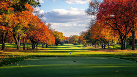 Vibrant image of golf tee off with colorful fall foliage surrounding the fairwayの素材