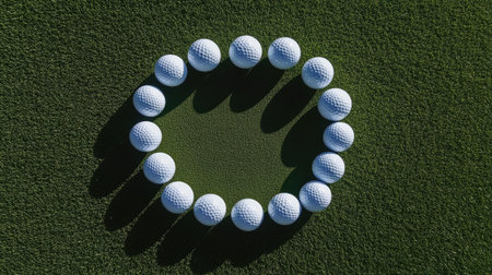 Top view of putting green with a ring of golf balls practicing close-range game shotsの素材
