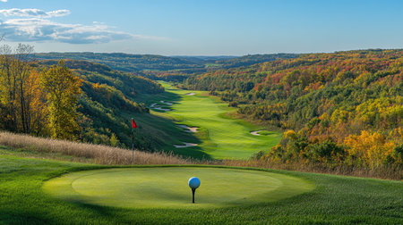 Wide shot of a tee box setup with club, ball, and expansive view of the course aheadの素材