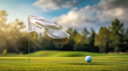 Wind moving flag on the green as golf ball approaches the hole, tension of the game capturedの素材