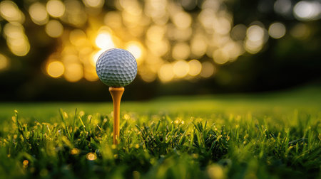 Wooden golf tee holding a ball, framed with blades of fresh-cut grass and morning lightの素材