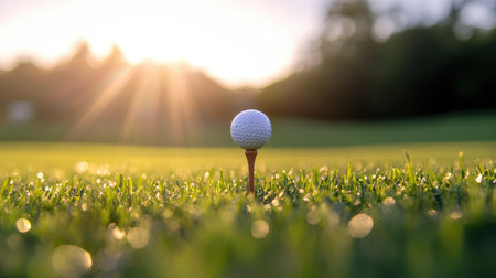 Wooden golf tee holding a ball, framed with blades of fresh-cut grass and morning lightの素材