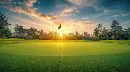 Wide landscape showing the last hole of a golf course in warm evening lightの素材