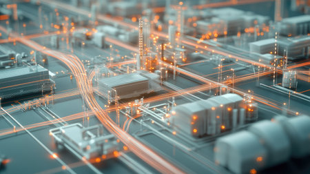 D rendering of logistics network with cargo paths connecting warehouses and vehiclesの素材