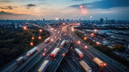 Aerial view of delivery trucks moving on highways connected by digital logistics overlaysの素材