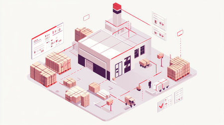 Advanced supply chain system concept showing parcel flow, inventory updates, and delivery pathsの素材