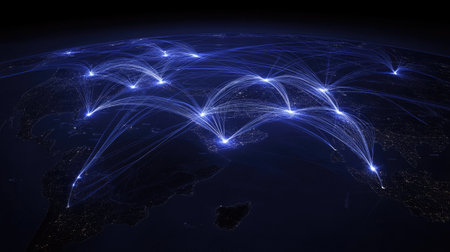 Aerial route chart showing transport company's reach across continents and key delivery zonesの素材