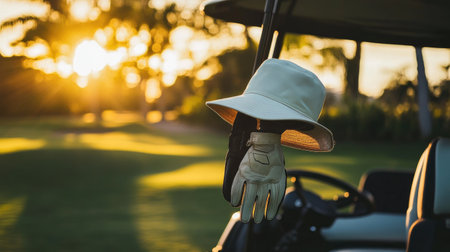 Golfer's hat and glove hanging on the side of a golf cart, caught in the golden hourの素材