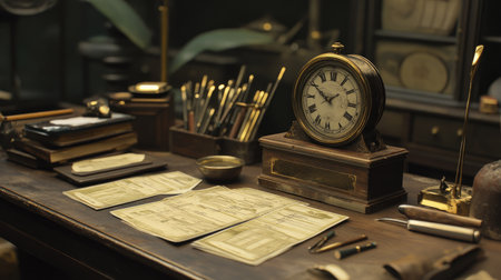 Old world course starter desk with clock, scorecards, and s club leaning nearbyの素材