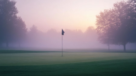 Dawn light reflecting off a damp green with a solitary hole and still flagの素材
