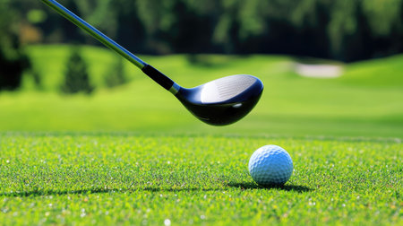Golf driver next to a ball on a bright green tee box, showing motion blur for powerful swingの素材