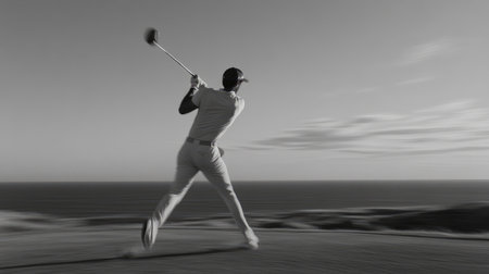 Driver swing in progress captured from side view, strong diagonal motion emphasizedの素材
