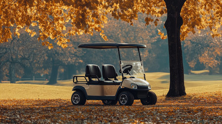 Golf cart parked beside fairway with clubs, GPS unit, and drink holder, game break momentの素材