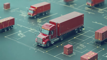 AI-powered logistics route planner concept with trucks on screen and package flow chartsの素材