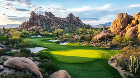 Desert golf course layout with cactus and rocky landscape framing the greenの素材