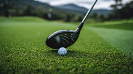 Golf driver next to a ball on a bright green tee box, showing motion blur for powerful swingの素材