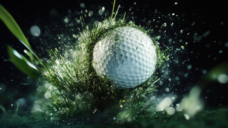 Grass exploding upward as club completes downward swing, moment of impact frozenの素材