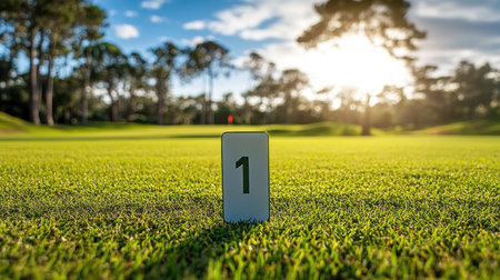 Golf course sign indicating hole number, par, and yardage near the tee boxの素材