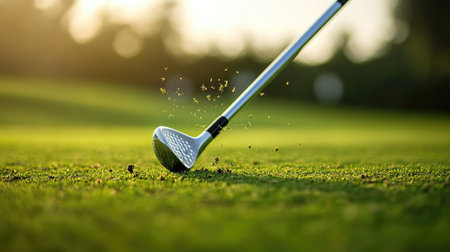Iron club completing a swing near ground, divot and grass flying in crisp detailの素材