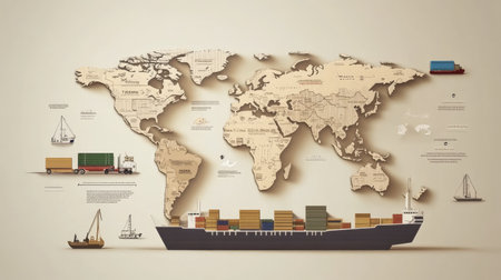 Animated-style infographic showing the evolution of global freight transport networksの素材