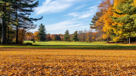 Scenic autumn golf course with leaves scattered across the fairway and golden foliageの素材