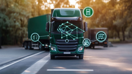 Augmented reality interface displaying delivery routes and live freight updatesの素材