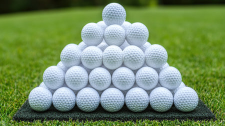 Golf balls arranged in pyramid on a tee box mat, ready for driving range practiceの素材