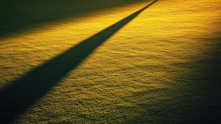 Golf club shadow on turf during powerful swing, elongated by golden hour sunの素材