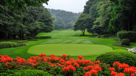 Isolated tee area framed by flowers or shrubs with clean view toward the fairwayの素材