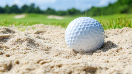 Golf ball in a bunker with sand raked neatly around, showing difficulty in the gameの素材